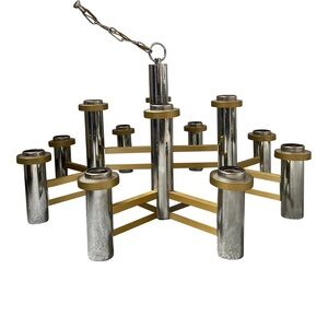 Gaetano Sciolari Modernist Chrome  and Brass 12 Light Chandelier Hanging Light